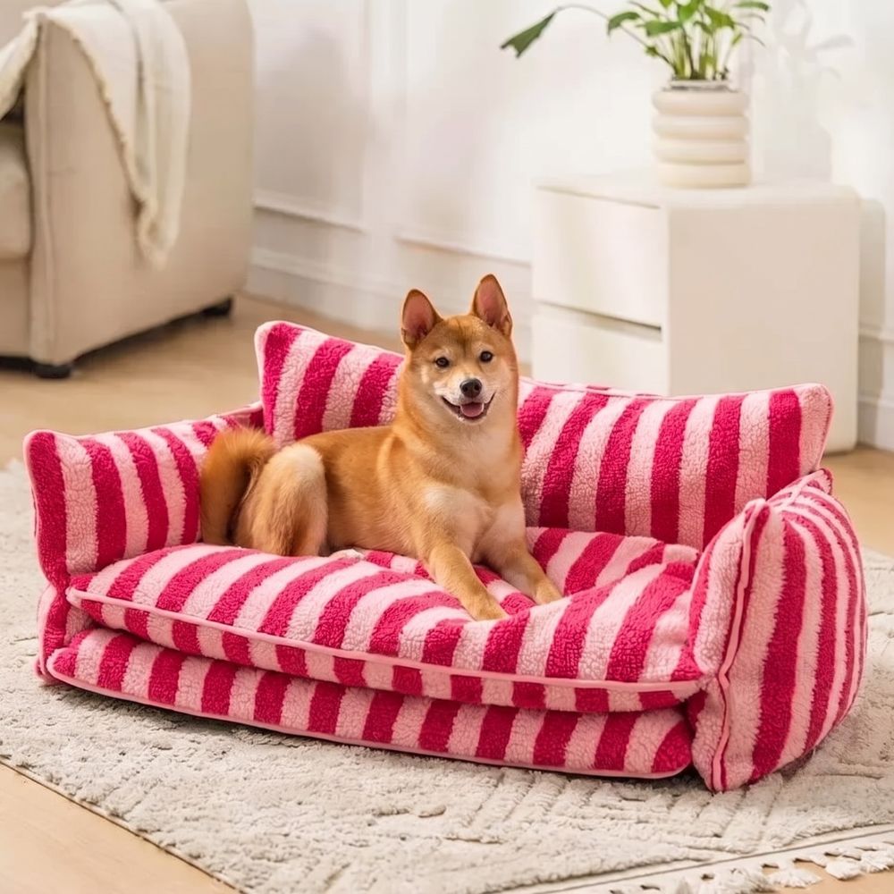 canape-orthopedique-pour-chien-rayures-rouge-situation