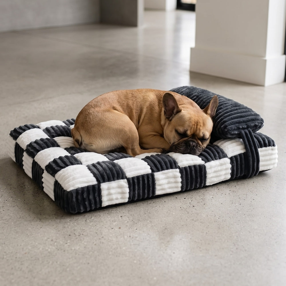matelas-orthopedique-pour-chien-carreaux-avec-coussin-situation-gris