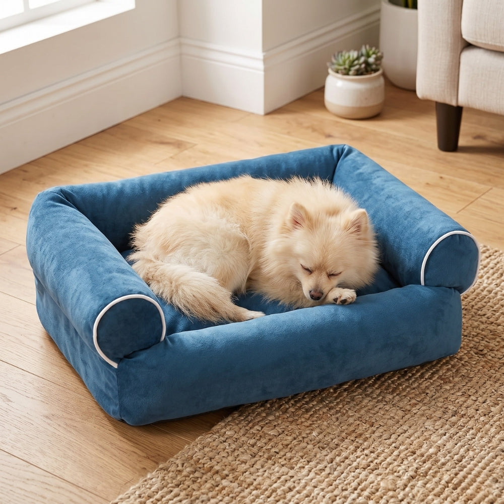 panier-canape-pour-chien-moelleux-en-coton-bleu-situation