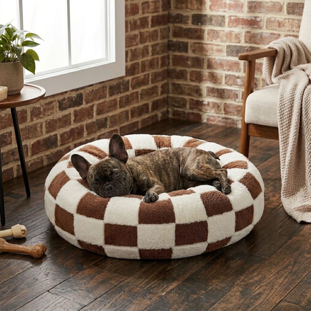 panier-donut-pour-chien-a-carreaux-marron-situation