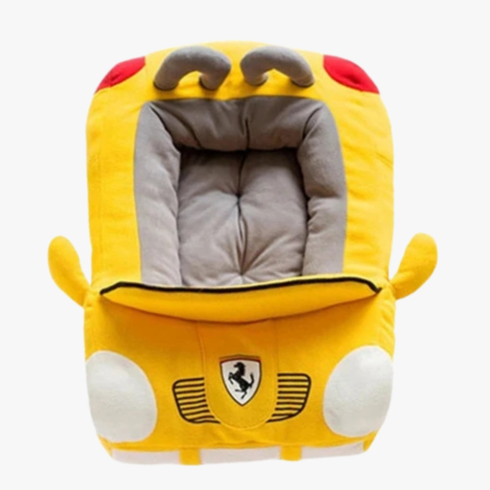panier-pour-chien-en-forme-de-voiture-jaune-dessus