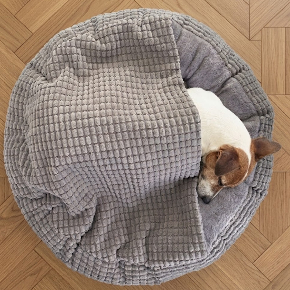 panier-pour-chien-orthopedique-anti-stress-semi-ferme-couverture-gris-situation-dessus