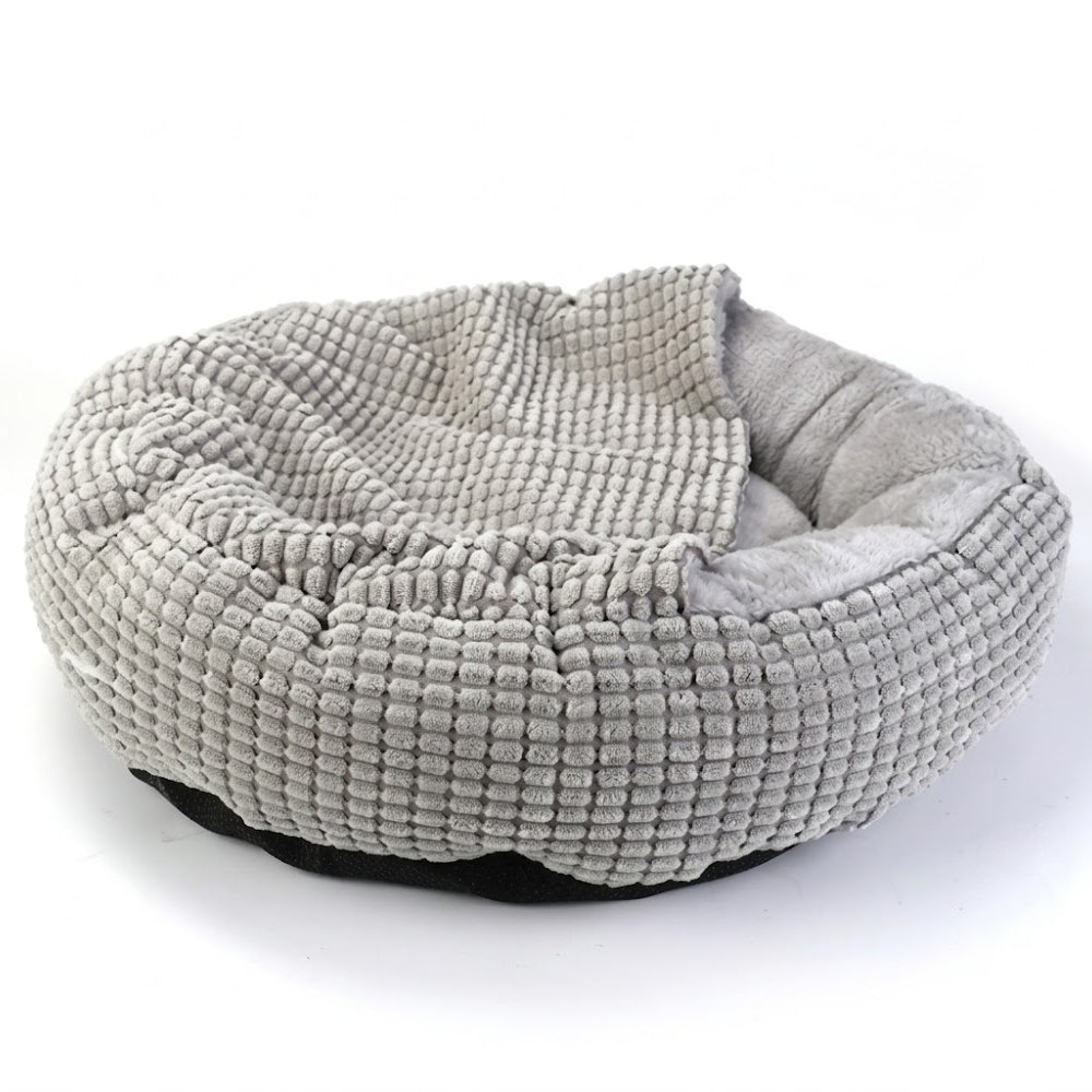 panier-pour-chien-orthopedique-anti-stress-semi-ferme-couverture-integree-gris-cote