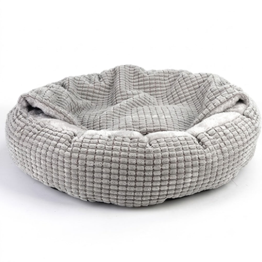 panier-pour-chien-orthopedique-anti-stress-semi-ferme-couverture-integree-gris-face