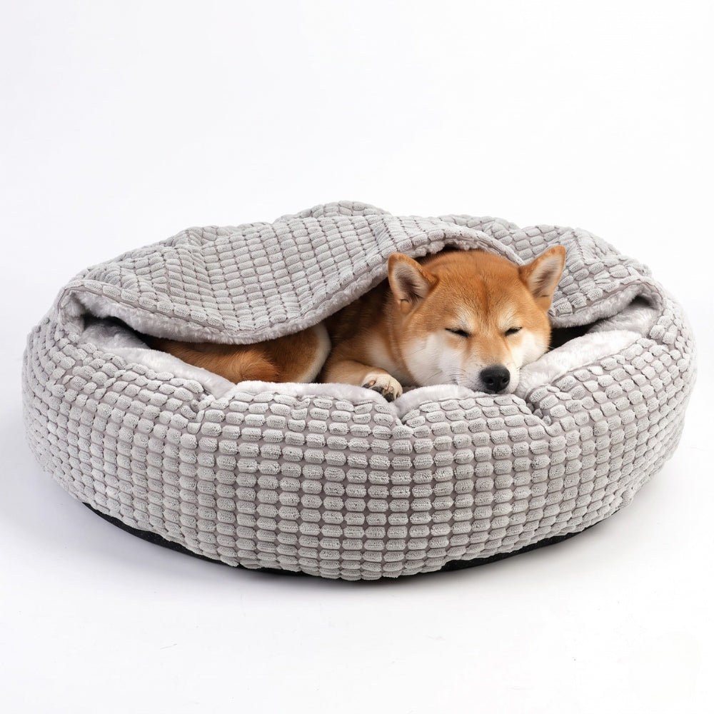 panier-pour-chien-orthopedique-anti-stress-semi-ferme-couverture-integree-gris