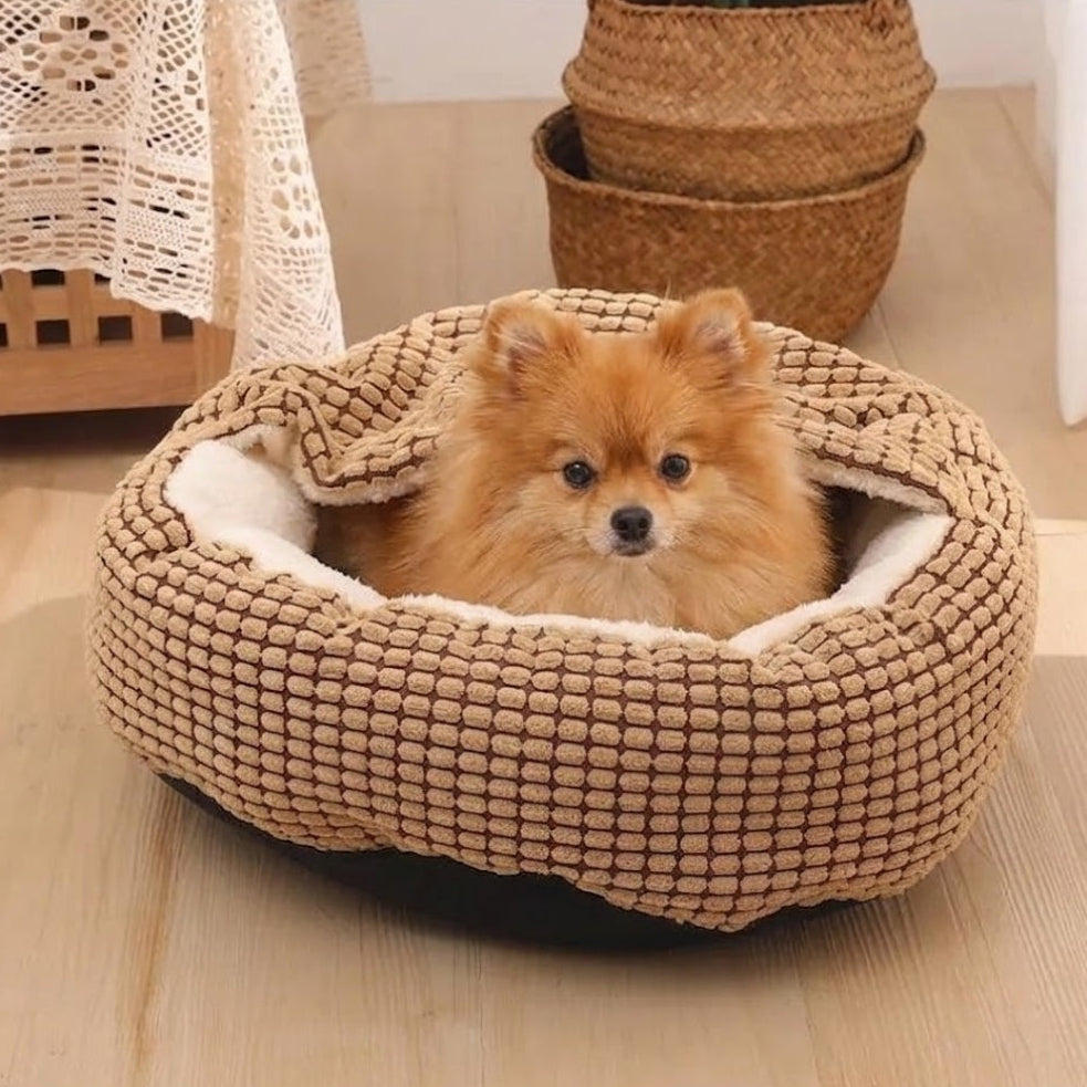 panier-pour-chien-orthopedique-anti-stress-semi-ferme-couverture-integree-marron-situation