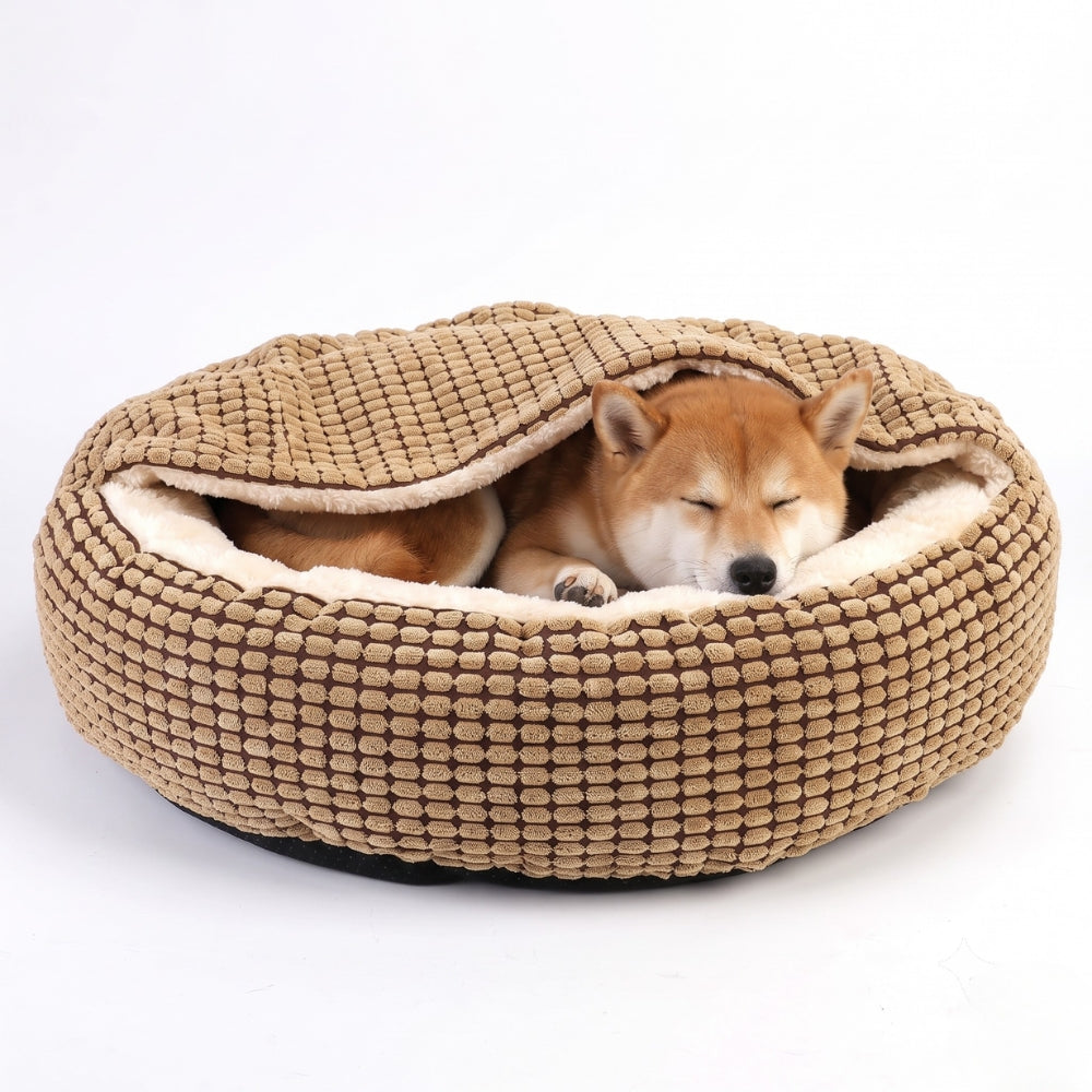 panier-pour-chien-orthopedique-anti-stress-semi-ferme-couverture-integree-marron