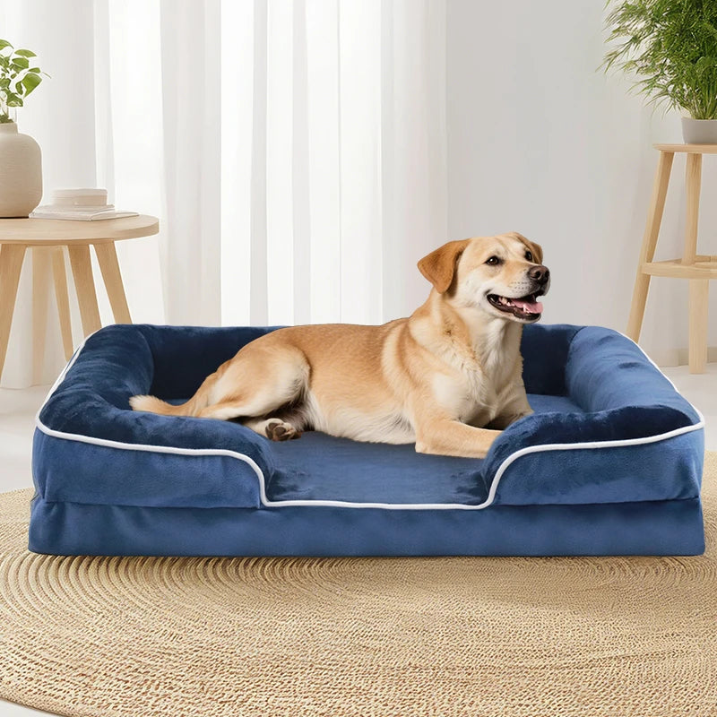 panier-pour-chien-orthopedique-rectangulaire-dehoussable-avec-rebords-bleu-situation-face