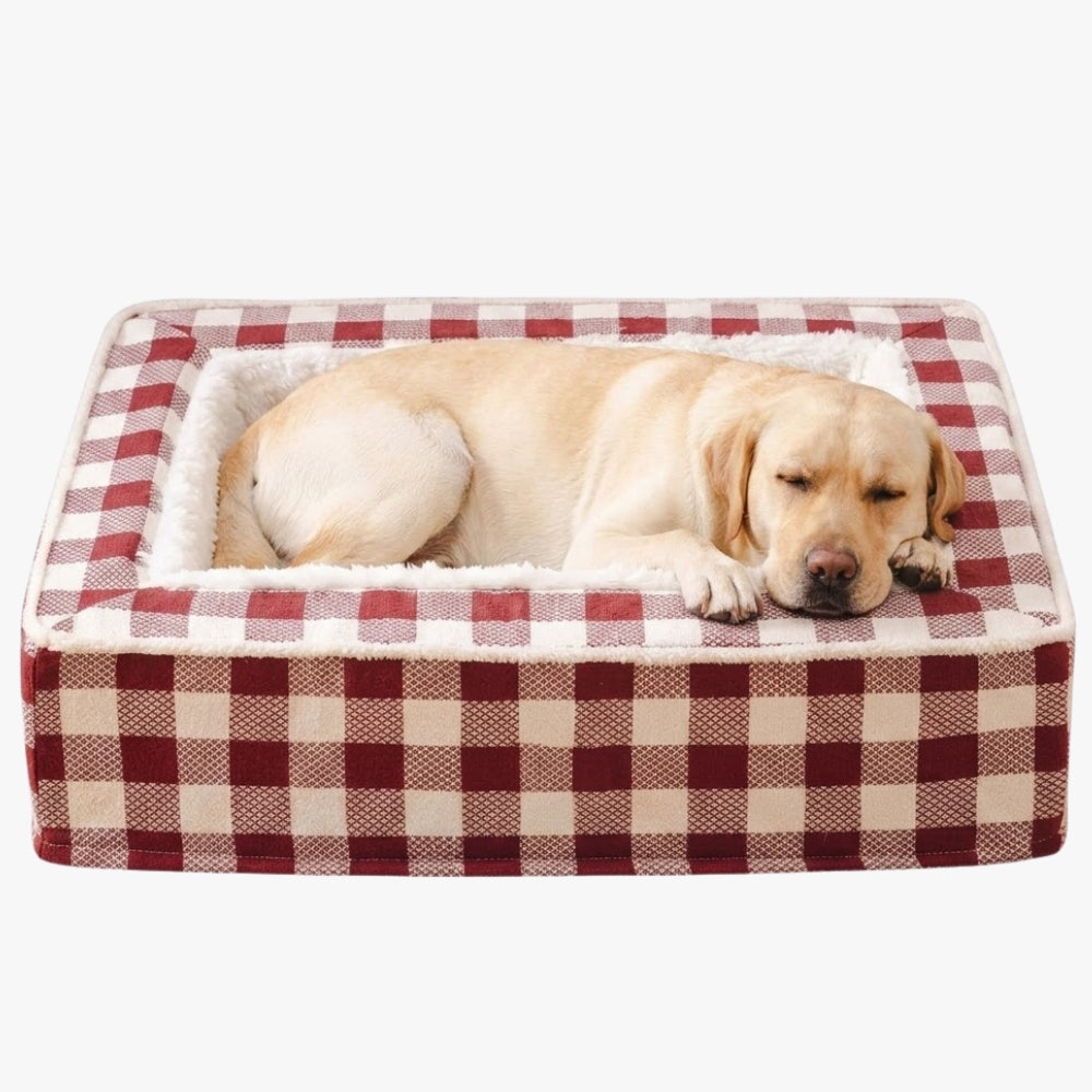 panier-pour-chien-rectangulaire-carreaux-anti-stress-interieur-fourrure-rouge