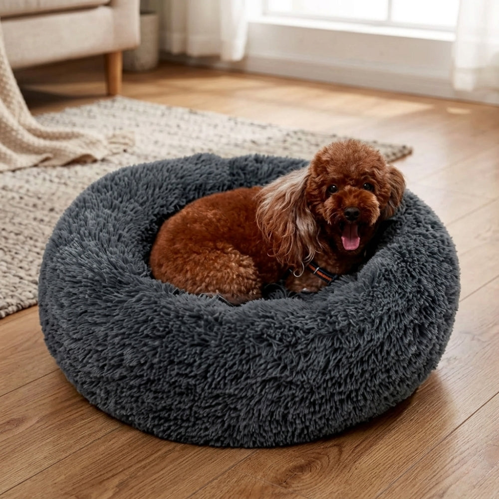 panier-pour-chien-rond-moelleux-en-fourrure-gris-fonce-situation