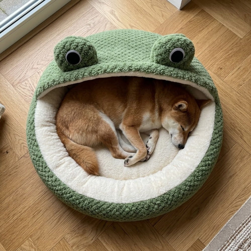 panier-pour-chien-semi-ferme-rond-grenouille-en-velours-situation