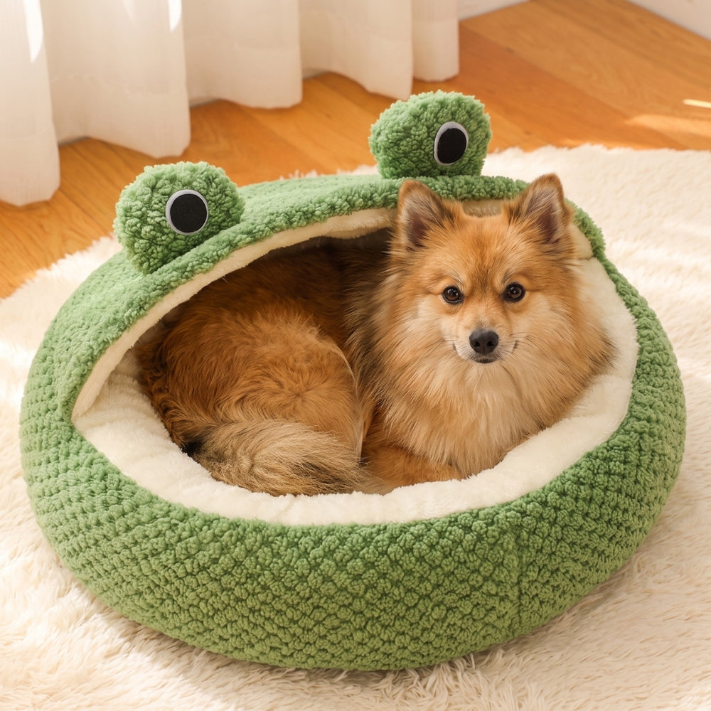 panier-pour-chien-semi-ferme-rond-grenouille-en-velours-spitz
