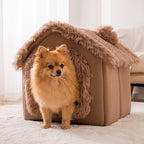 panier-pour-petit-chien-couvert-maison-en-fourrure-marron-situation
