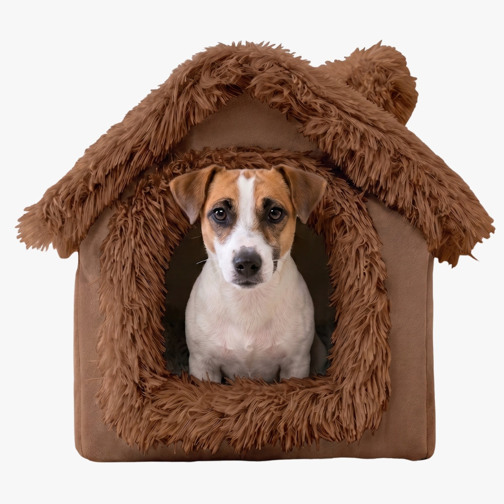 panier-pour-petit-chien-couvert-maison-en-fourrure-marron